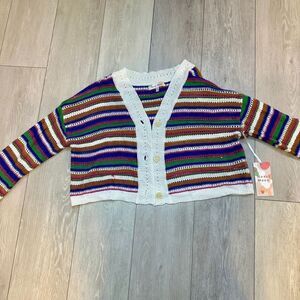 NWT knit striped crocheted‎ Colorful fall cropped sweater cardigan size medium